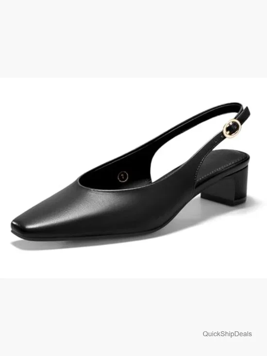 Faux Leather Chunky Low Heel Slingback Pumps Closed Toe Dress Shoes - Picture 6 of 7